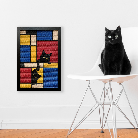 Mondrian Cat Scratcher Medium on the wall with a black cat sitting on a chair besides it
