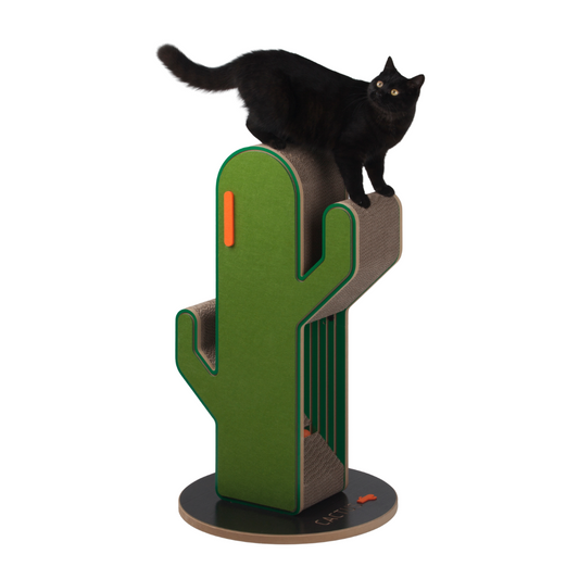 Small Cactus Cat Tree, black cat on the top, side facing