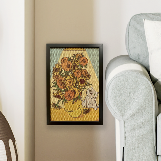 Sunflowers Cat Scratcher Medium, on the wall by the sofa