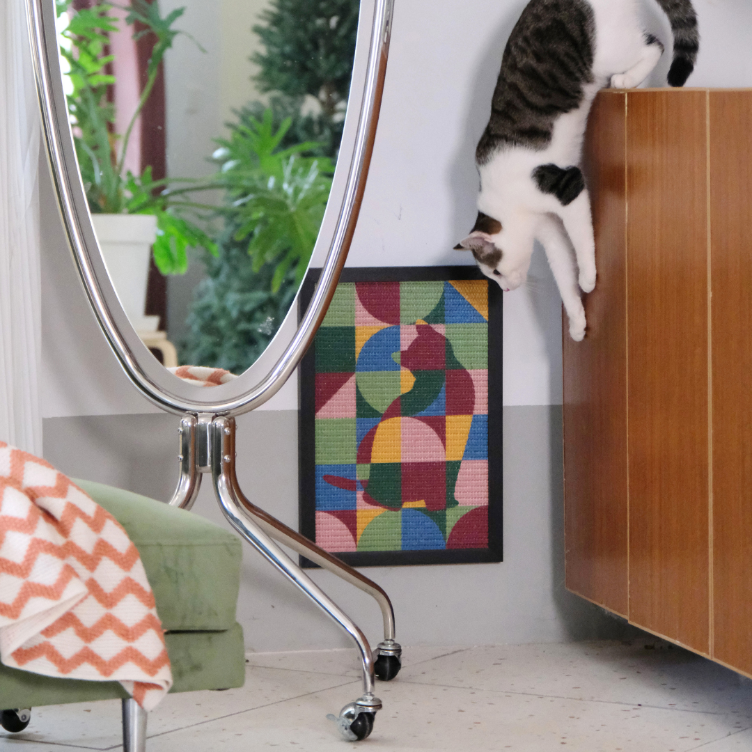 Geomeowtric Cat Scratcher Medium, on the wall, with cat