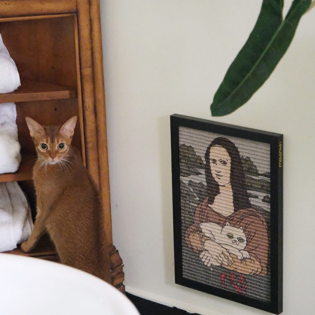 Leonardo Da Claw Cat Scratcher Medium, on the wall by a cat, side-facing