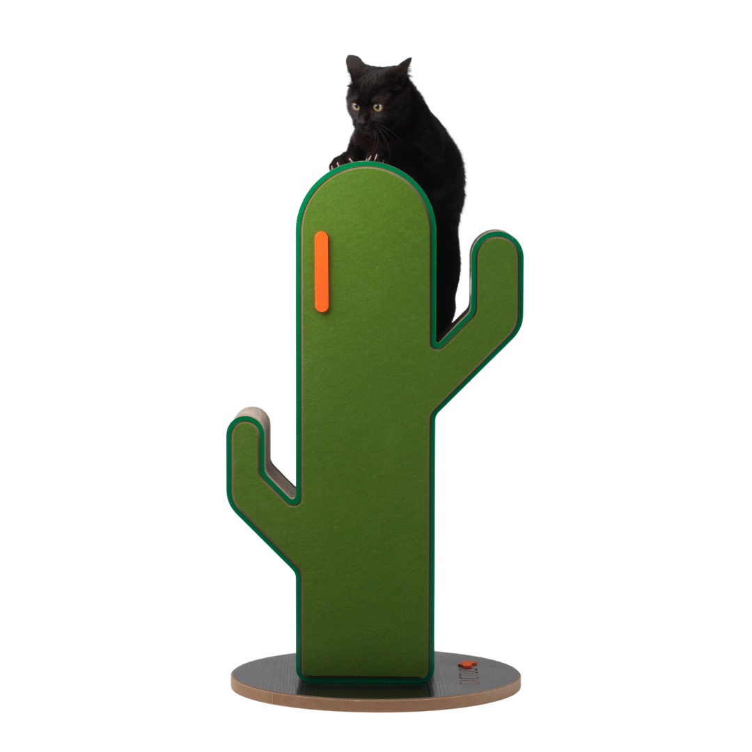 Small Cactus Cat Tree, black cat standing on one arm of the cactus and scratching