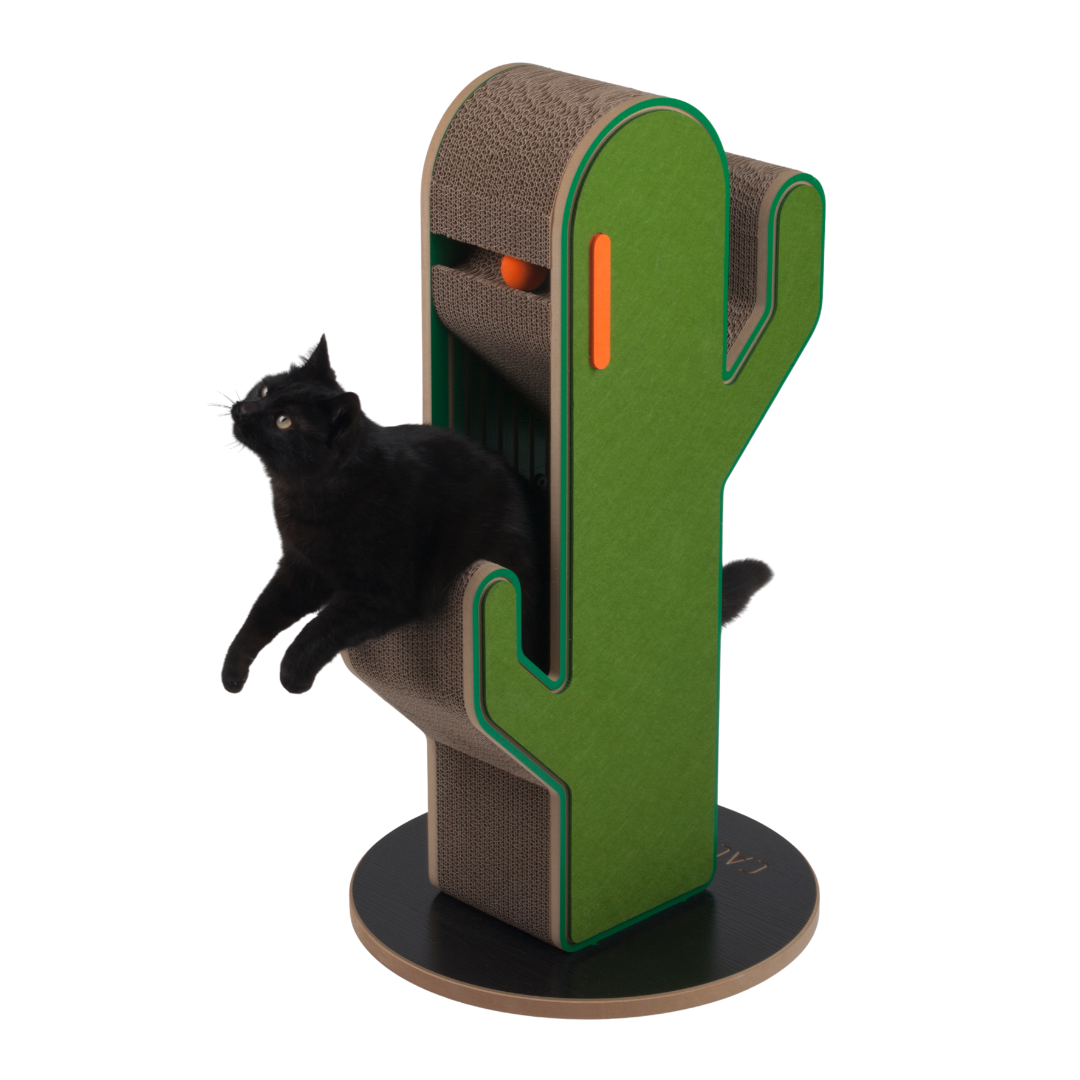 Small Cactus Cat Tree, black cat lounging inside
