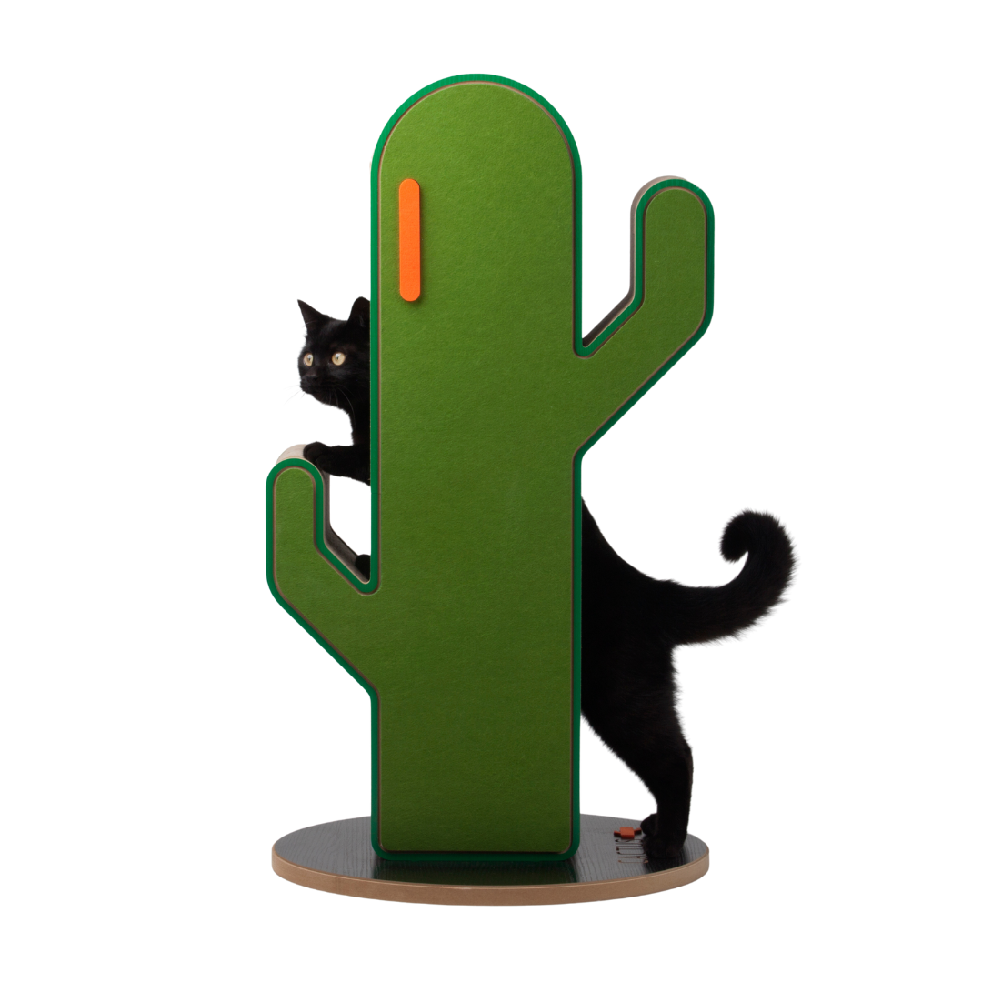 Small Cactus Cat Tree, black cat running through the center