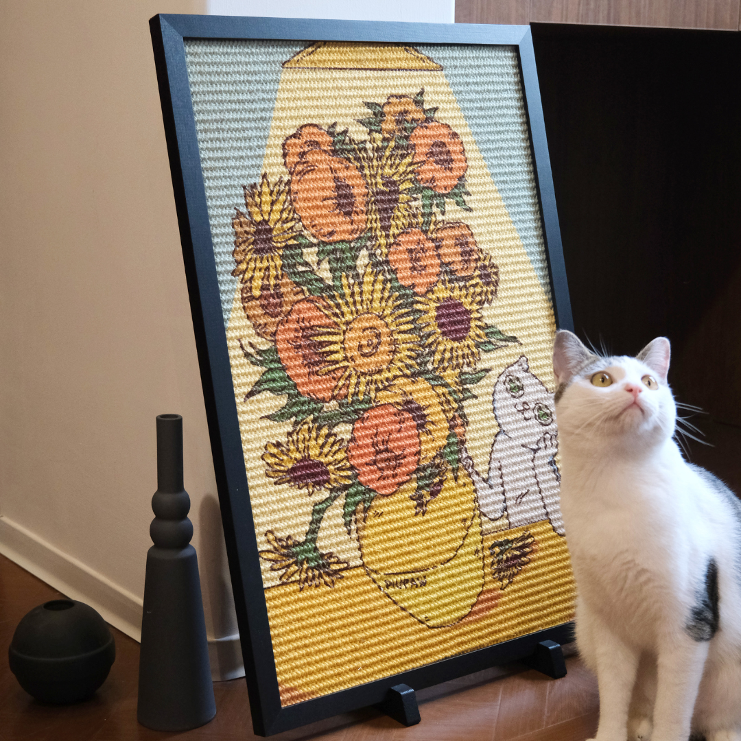 Sunflowers Cat Scratcher Standalone with cat besides